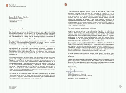 Puigdemont doreşte ”suspendarea mandatului” pe care i l-au încredinţat catalanii privind independenţa şi îi propune lui Rajoy două luni să negocieze