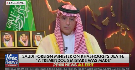 Ministrul saudit de Externe Adel al-Jubeir regretă moartea lui Khashoggi într-o ”operaţiune scăpată de sub control” ”aberantă” şi evocă o ”greşeală monumentală”