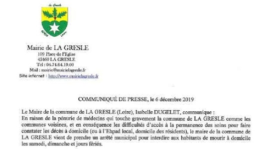 Decizie absurdă a unui primar din Franţa, pentru a atrage atenţia asupra penuriei de medici: locuitorilor din Le Gresle le este interzis să moară în weekend-uri şi în zilele de sărbătoare