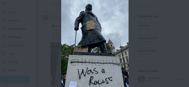 Val de manifestaţii împotriva rasismului în Europa, de la Bristol la Budapesta, Madrid şi Roma, extinzând valul de proteste declanşat în SUA de moartea lui George Floyd; peste numele lui Churchill, pe soclul statuii din faţa Parlamentului britanic, s-a in