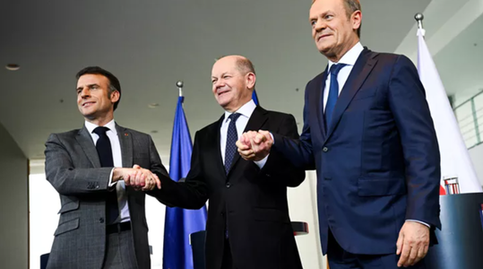Franţa, Germania şi Polonia sunt de acord ”să nu ia niciodată iniţiativa escaladării” în Războiul din Ucraina, anunţă Macron la Berlin, după un summit cu Scolz şi Tusk