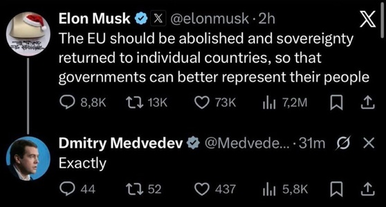 Uniunea Europeană denunţă ”declaraţii complet nebune” ale lui Musk, după ce miliardarul cere ca ”UE să fie abolită”, în urma unei amenzi