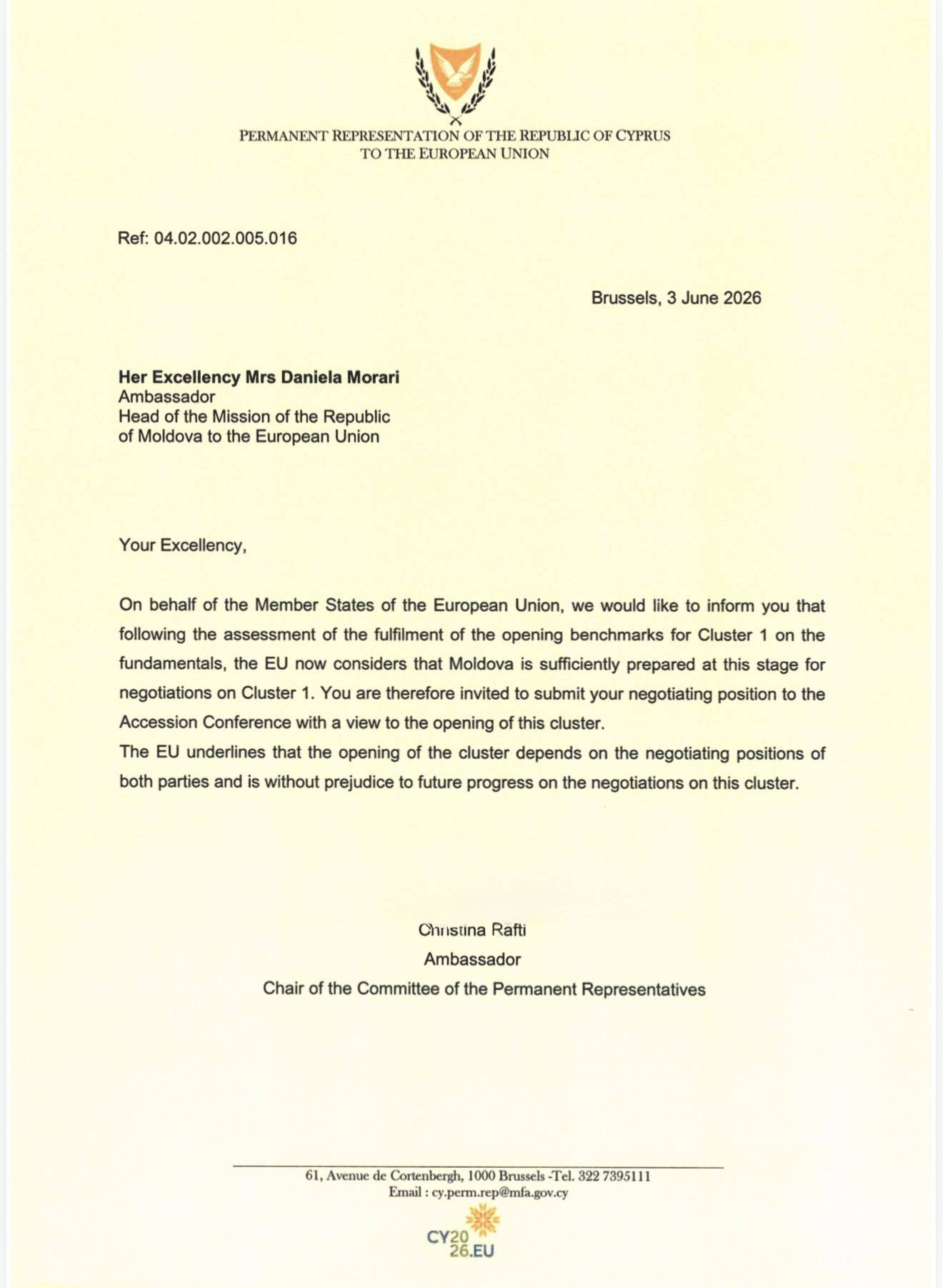 Preşedinţia cipriotă a UE a trimis o scrisoare oficială prin care invită R. Moldova să-şi depună oficial poziţia pentru primul cluster al negocierilor de aderare