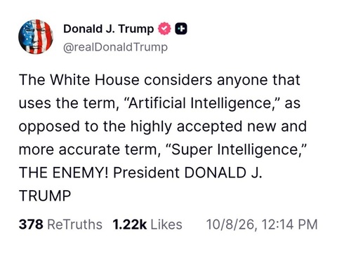 Trump ameninţă să trateze drept ”inamic” pe oricine nu foloseşte expresia ”super inteligenţă” în loc de inteligenţă artificială