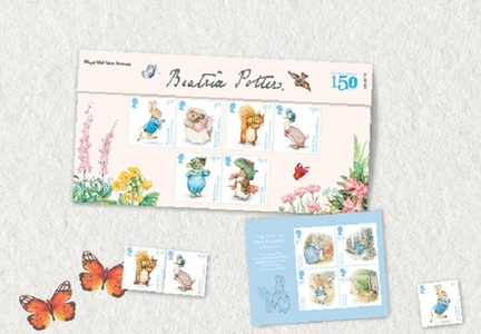 Peter Rabbit şi Mrs Tiggy-Winkle apar într-o serie de timbre dedicate scriitoarei de cărţi pentru copii Beatrix Potter