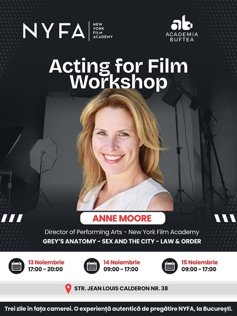 Anne Moore, actriţă cu apariţii în „Grey’s Anatomy” şi „Sex and the City”, va susţine un workshop intensiv de actorie de film la Academia Buftea