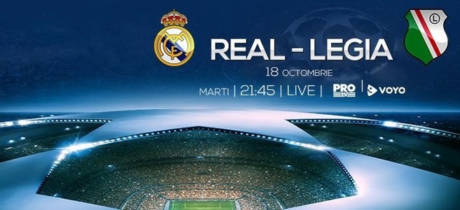 Meciul dintre Real Madrid şi Legia Varşovia din UEFA Champions League va fi transmis în direct de Pro TV