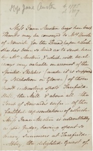 O scrisoare trimisă de Jane Austen nepoatei ei, în care parodiază un roman de duzină, scoasă la licitaţie pentru 100.000 de lire sterline