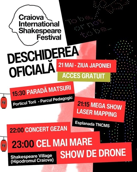 Începe Festivalul Internaţional Shakespeare Craiova 2026/ Evenimente dedicate Japoniei şi acces gratuit la show-ul cu peste 450 de drone