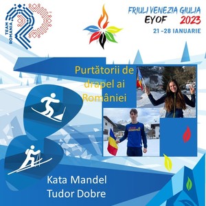 FOTE Friuli Veneţia Giulia 2023: Kata Mandel - snowboard  şi Tudor Zaharia Dobre – schi alpinism, purtătorii drapelului României la ceremonia de închidere
