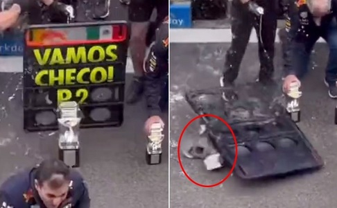 Formula 1: Încă un trofeu câştigat de Red Bull a avut de suferit fiind doborât în timpul sărbătoririi victoriei - VIDEO