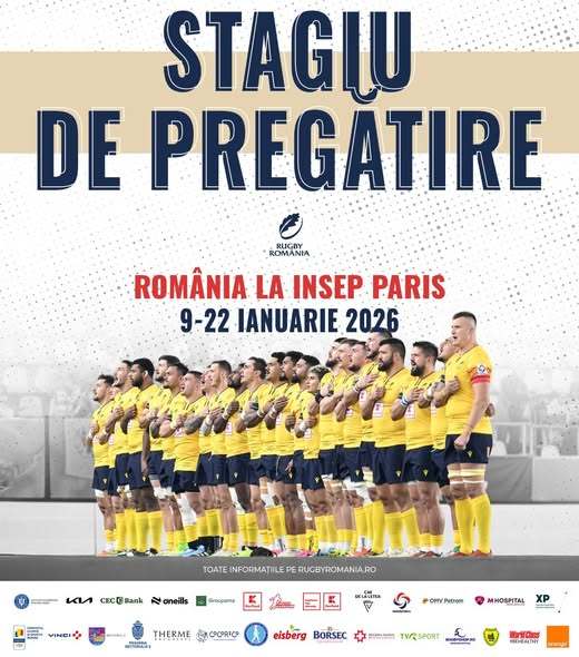 Jucători de rugby România antrenându-se la INSEP Paris în pregătirea pentru Campionatul European 2026, în echipament complet. | sursa foto: News.ro