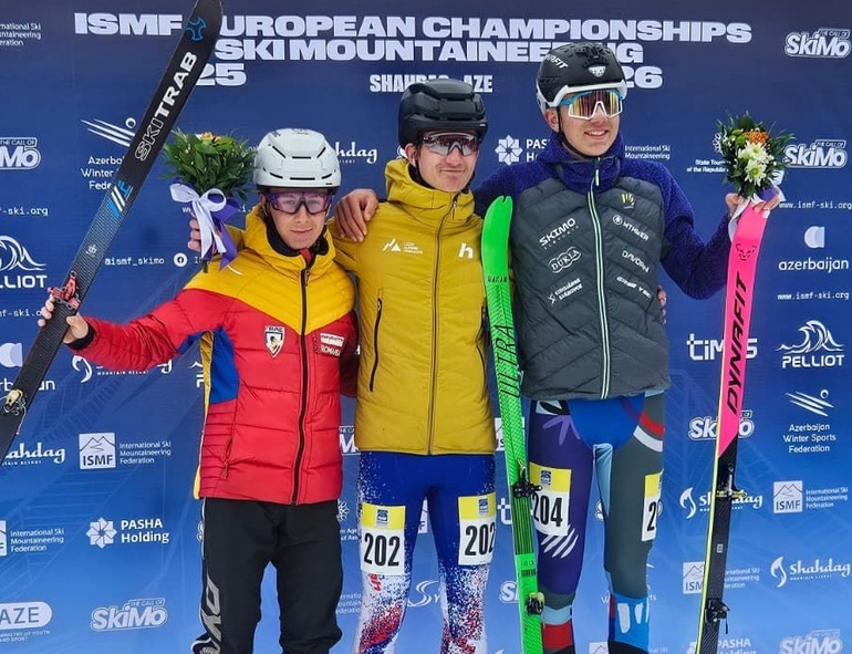 Matei Petre în echipament de schi-alpinism, traversând o pantă abruptă la Campionate Europene de schi-alpinism România, Shahdag. | sursa foto: News.ro Matei Petre în echipament de schi-alpinism, traversând o pantă abruptă la Campionate Europene de schi-alpinism România, Shahdag. | sursa foto: News.ro