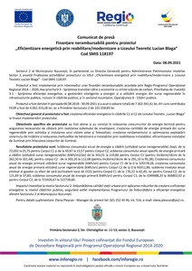 COMUNICAT DE PRESĂ: Finanţare nerambursabilă pentru proiectul ”Eficientizare energetică prin reabilitare/modernizarea Liceului Teoretic Lucian Blaga” Cod SMIS 118197
