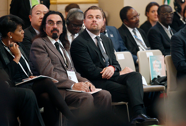 PARIS, FRANCE - DECEMBER 04: US actor Leonardo DiCaprio (R) and his father George DiCaprio (L) attend a Summit of Local elected for Climate at the Paris city hall on December 04, 2015 in Paris, France. Thousand mayors from different cities gather at the Paris city hall during the COP21, Paris Climate Conference. (Photo by Thierry Chesnot/Getty Images)