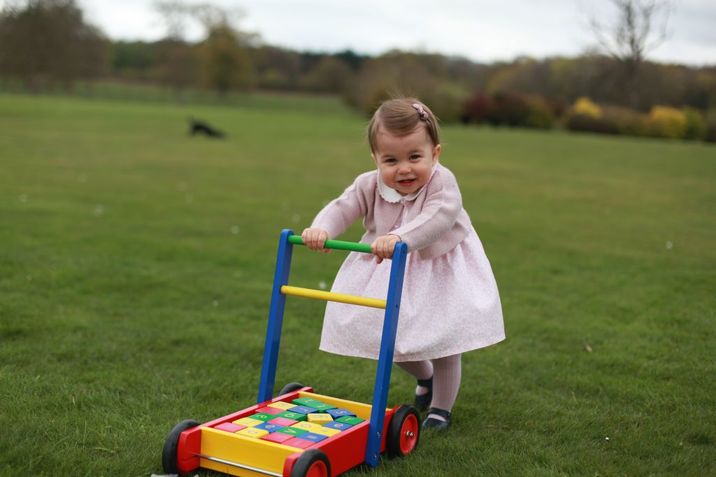 ANMER HALL, ENGLAND - APRIL 2016:  In this undated handout photo provided by HRH The Duke and Duchess of Cambridge released on May 1, 2016, Princess Charlotte of Cambridge looks on as she walks while pushing her toy blocks across the lawn outside as her mother Catherine, Duchess of Cambridge takes her photo ahead of her first birthday on May 2, 2016 at Anmer Hall on April 2016 in Norfolk, England. The young Princess will celebrate her first birthday on May 2. (Photo by HRH The Duchess of Cambridge via Getty mages) EDITORIAL USE ONLY. NO COMMERCIAL USE (including any use in merchandising, advertising or any other non-editorial use including, for example, calendars, books and supplements). This photograph is provided to you strictly on condition that you will make no charge for the supply, release or publication of it and that these conditions and restrictions will apply (and that you will pass these on) to any organisation to whom you supply it. All other requests for use should be directed to the Press Office at Kensington Palace in writing.