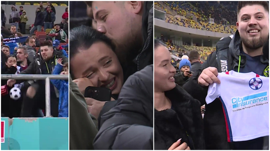 VIDEO | Momente emoţionante în tribune la FCSB - Petrolul. "Gender Reveal" original pe Arena Naţională: "I-am pregătit deja tricoul"