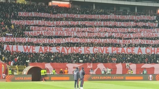 Mesaj controversat al fanilor de la Steaua Roşie Belgrad la meciul cu Glasgow Rangers, încheiat cu "Daţi o şansă păcii"