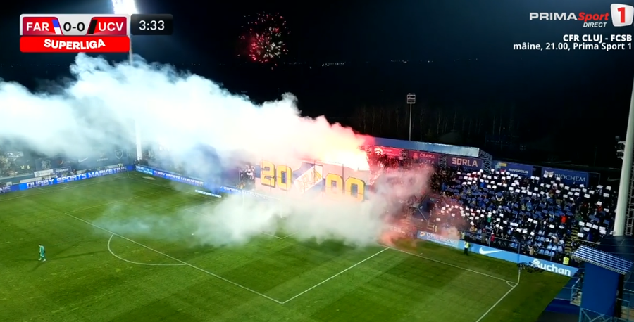 VIDEO ǀ Suporterii Farului au făcut spectacol pirotehnic la meciul cu Universitatea Craiova. Artificiile au fost în rolul principal