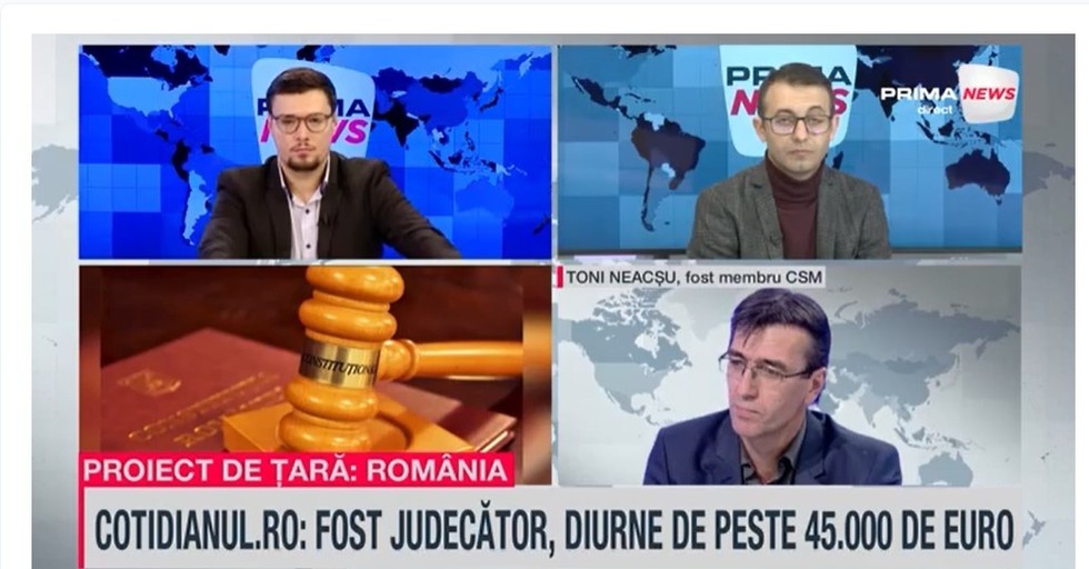 VIDEO. Toni Neacşu, fost membru CSM, analizează la Prima News proiectul pensiilor magistraţilor: „Faptul că s-a majorat la 15% partea contributivă din pensie ar creşte şansele să treacă de CCR”
