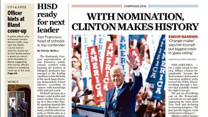 FOTO. Hillary Clinton candidează la Preşedinţia SUA, dar pe prima pagină a ziarelor apare soţul ei