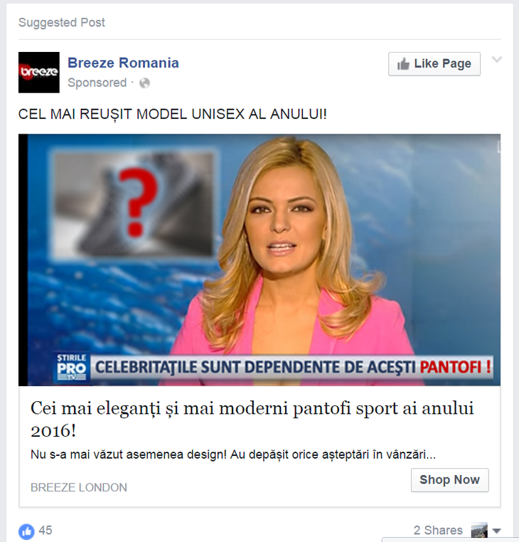 Un magazin online a folosit fără acord imaginea Pro TV şi a prezentatoarei Lavinia Petrea într-o reclamă pe Facebook