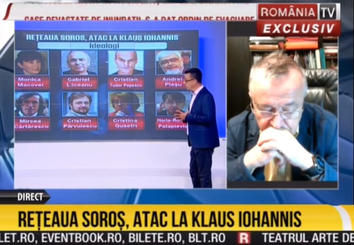 DERAPAJ. Tema Soros revine la România TV. Jurnalişti, artişti, scriitori, într-o listă "neagră" făcută de post. Chiar şi Godină şi Tudor Chirilă au fost numiţi „agenţi influenţă”