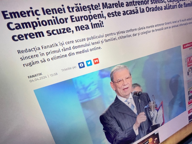 Fanatik, despre ştirea falsă cu Emeric Ienei: "Nu acceptăm sub nicio formă eticheta nedreaptă de fake news. E o greşeală redacţională. Ne cerem scuze, nea Imi"