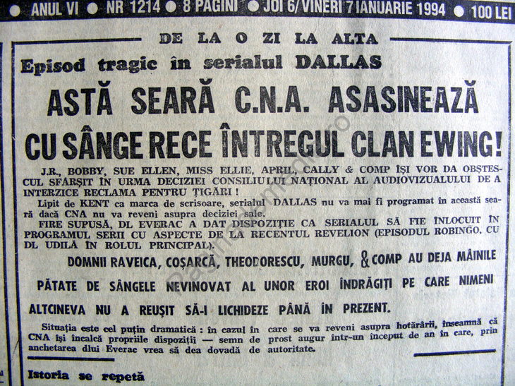 DIN ARHIVĂ. Presa, scandalizată de o decizie CNA la începutul anilor `90: „CNA asasinează cu sânge rece întregul clan Ewing”