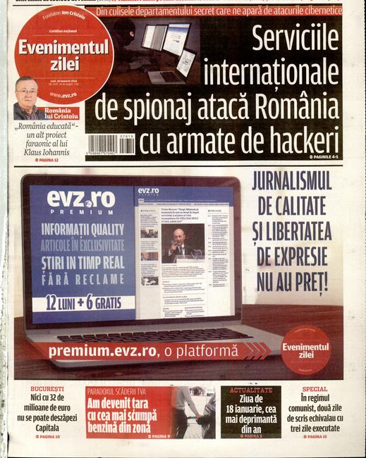EVZ promovează modelul online cu plată pe prima pagină: „Jurnalismul de calitate şi libertatea de expresie nu au preţ”