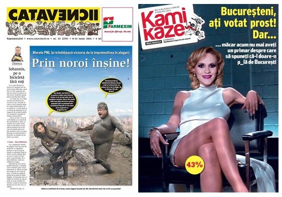 Ziarele de satiră, despre alegeri: Firea, pe coperta Kamikaze. Caţavencii, cu Gorghiu şi Blaga în noroi