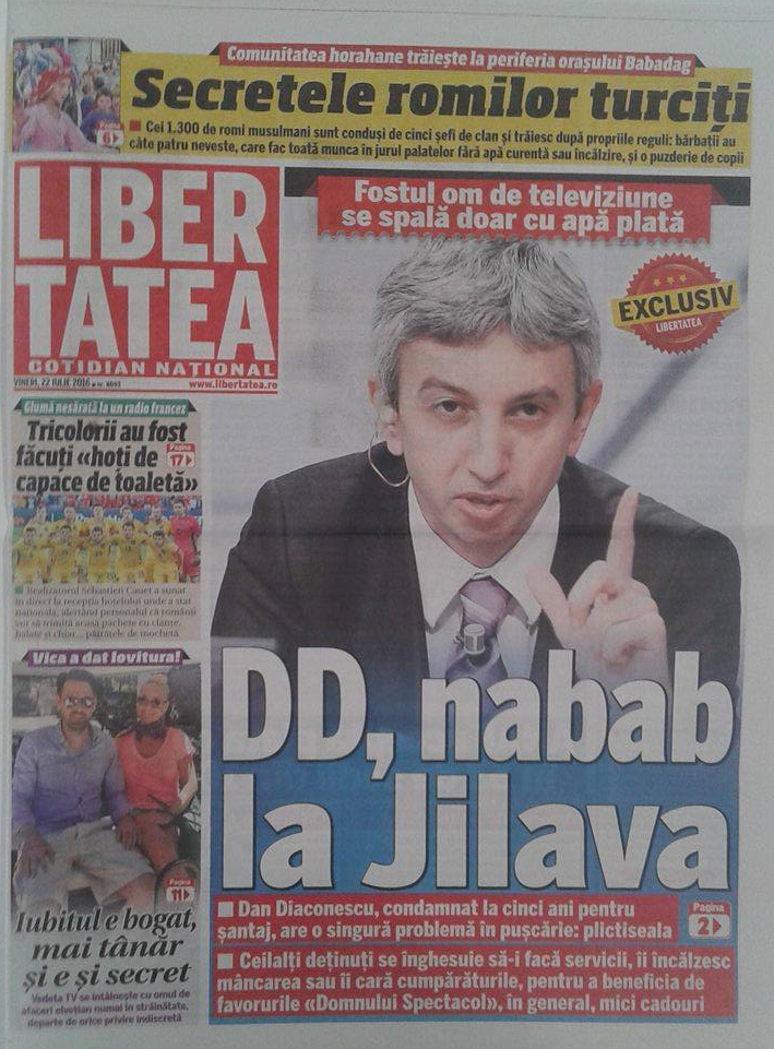 PRESA DE AZI. Libertatea: „D.Diaconescu, nabab la Jilava, fostul om de televiziune se spală doar cu apă plată”