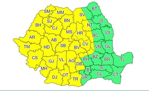 ANM: 30 de județe intră la ora 14.00 sub cod galben de furtuni, cu ploi abundente care vor cumula 80 de litri pe metru pătrat
