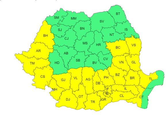 HARTĂ Valul de căldură se extinde - Cod galben de caniculă în mai bine de jumătate din țară. Temperaturi ce depășeșc 37 de grade