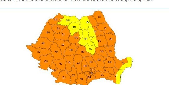HARTĂ Cod portocaliu de caniculă în aproape toată țara. Temperaturi între 36 și 39 de grade. Disconfortul termic va fi accentuat