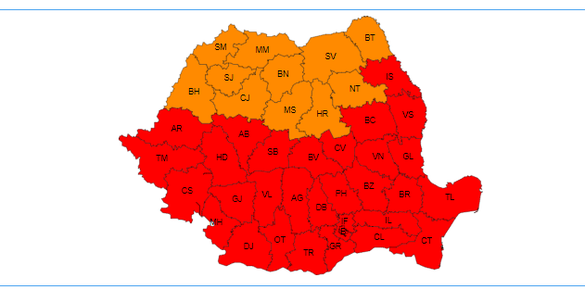 HARTĂ Cod roșu de caniculă. Temperaturile continuă să fie extrem de ridicate, se așteaptă 37-42 de grade