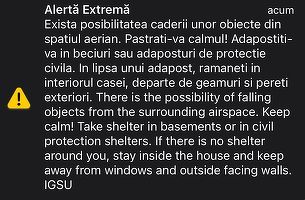 Încă o noapte în care a fost emis mesaj RO-Alert în nordul județului Tulcea. Locuitorii au fost avertizați cu privire la posibilitatea căderii unor obiecte din spațiul aerian, în aproperea graniței cu Ucraina