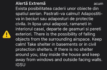 Încă o noapte în care a fost emis mesaj RO-Alert în nordul județului Tulcea. Locuitorii au fost avertizați cu privire la posibilitatea căderii unor obiecte din spațiul aerian, în aproperea graniței cu Ucraina