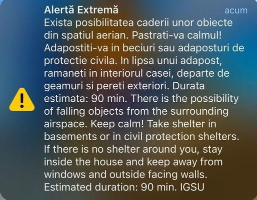 Mesaj RO-Alert pentru zona de nord a județului Tulcea prin care populația a fost informată că există posibilitatea căderii unor obiecte, după ce structurile cu rol de apărare din cadrul MApN au identificat drone care se apropiau de teritoriul național