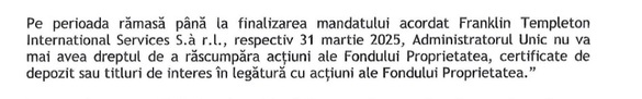 ULTIMA ORĂ Ministerul Finanțelor vrea ca Franklin Templeton să nu mai aibă dreptul de a răscumpăra acțiuni ale Fondului Proprietatea, certificate de depozit sau titluri de interes în legătură cu acțiuni ale FP