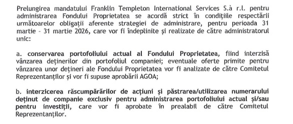 ULTIMA ORĂ Ministerul Finanțelor vrea ca Franklin Templeton să nu mai aibă dreptul de a răscumpăra acțiuni ale Fondului Proprietatea, certificate de depozit sau titluri de interes în legătură cu acțiuni ale FP