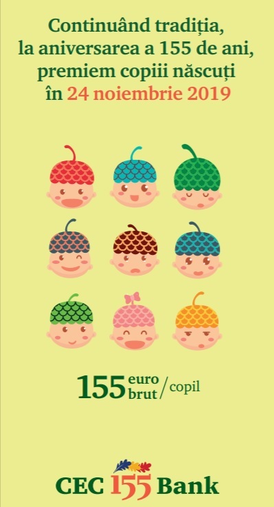 CEC Bank reînvie o tradiție de opt decenii la aniversarea a 155 de ani: Toți copiii născuți de ziua băncii în acest an, premiați cu 155 de euro brut