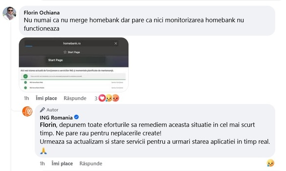 FOTO ING, probleme tehnice inclusiv cu aplicația HomeBank. Mesajul băncii