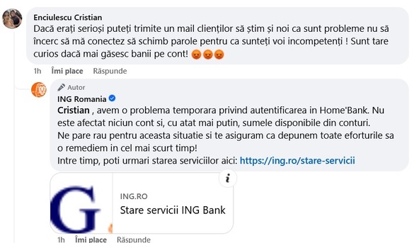 FOTO ING, probleme tehnice inclusiv cu aplicația HomeBank. Mesajul băncii