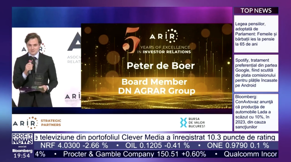 DN AGRAR Group a primit premiul „Cea mai bună companie în IR” în cadrul evenimentului Gala by ARIR 2023. Peter de Boer, fondator: De când ne-am listat, avem profituri record. Strategie clară de a ne îmbunătăți comunicarea cu investitorii
