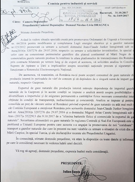 DOCUMENT Iulian Iancu i-a cerut lui Dragnea să reclame la CSAT liberalizarea exportului de gaze românești: 