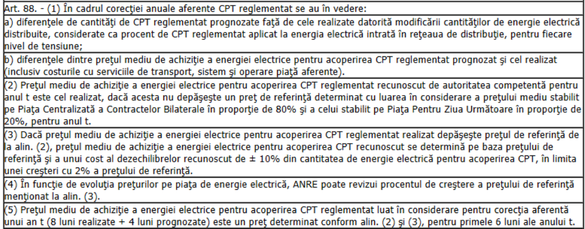 Fragment din Metodologia de stabilire a tarifelor pentru serviciul de distribuție a energiei electrice