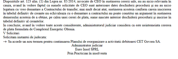 Extras din raportul din 8 octombrie al administratorului judiciar al CET Govora