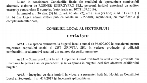 Cum a pitit Primăria Sectorului 1 aproape 100 milioane lei de Guvern într-o majorare de capital la CET Grivița pentru o investiție în producția de energie din deșeuri, rambursată ulterior la bugetul local