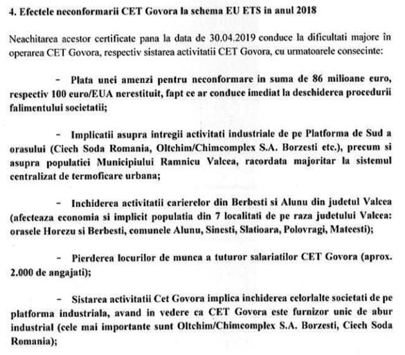 DOCUMENT Scumpirea cu 166% a certificatelor CO2 aruncă în aer CET Govora, cu riscuri și pentru Oltchim, Ciech Soda și încălzirea centralizată a vâlcenilor. Se propun măsuri excepționale